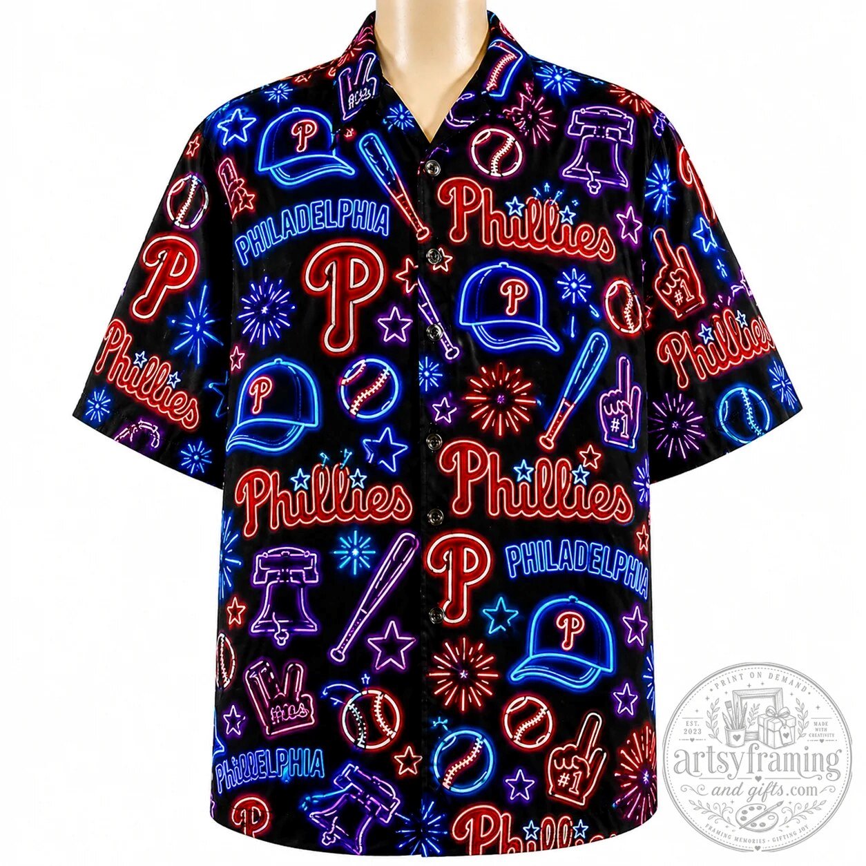 Philadelphia Phillies Neon Pattern Baseball Team Button Up Hawaiian Shirt