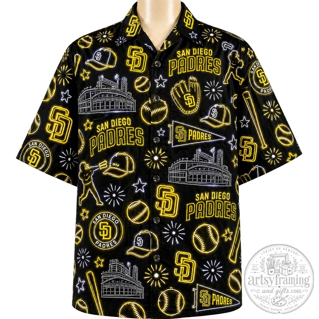 San Diego Padres Neon Pattern Baseball Button Up Hawaiian Shirt
