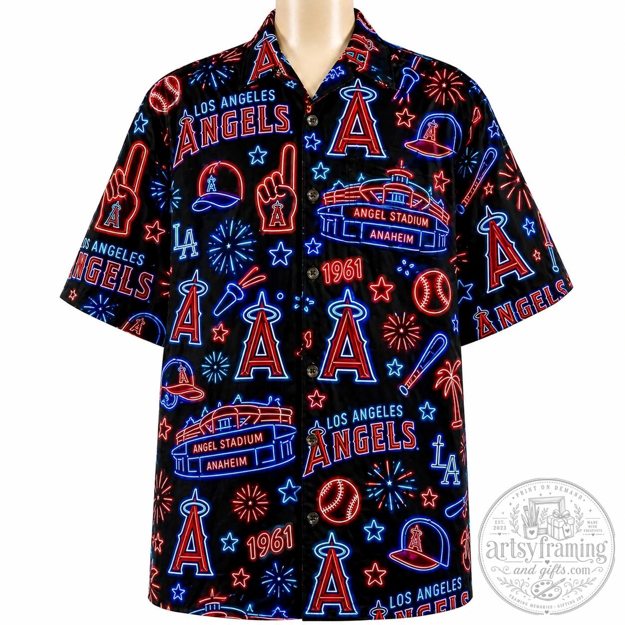 Los Angeles Angels Neon Pattern Vibe Summer Party Button Up Hawaiian Shirt