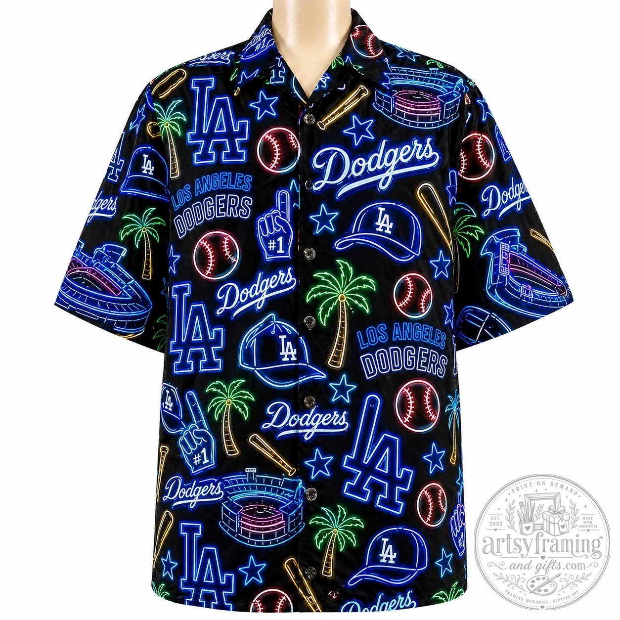 Los Angeles Dodgers Neon Pattern Summer Button Up Hawaiian Shirt for Men and Women