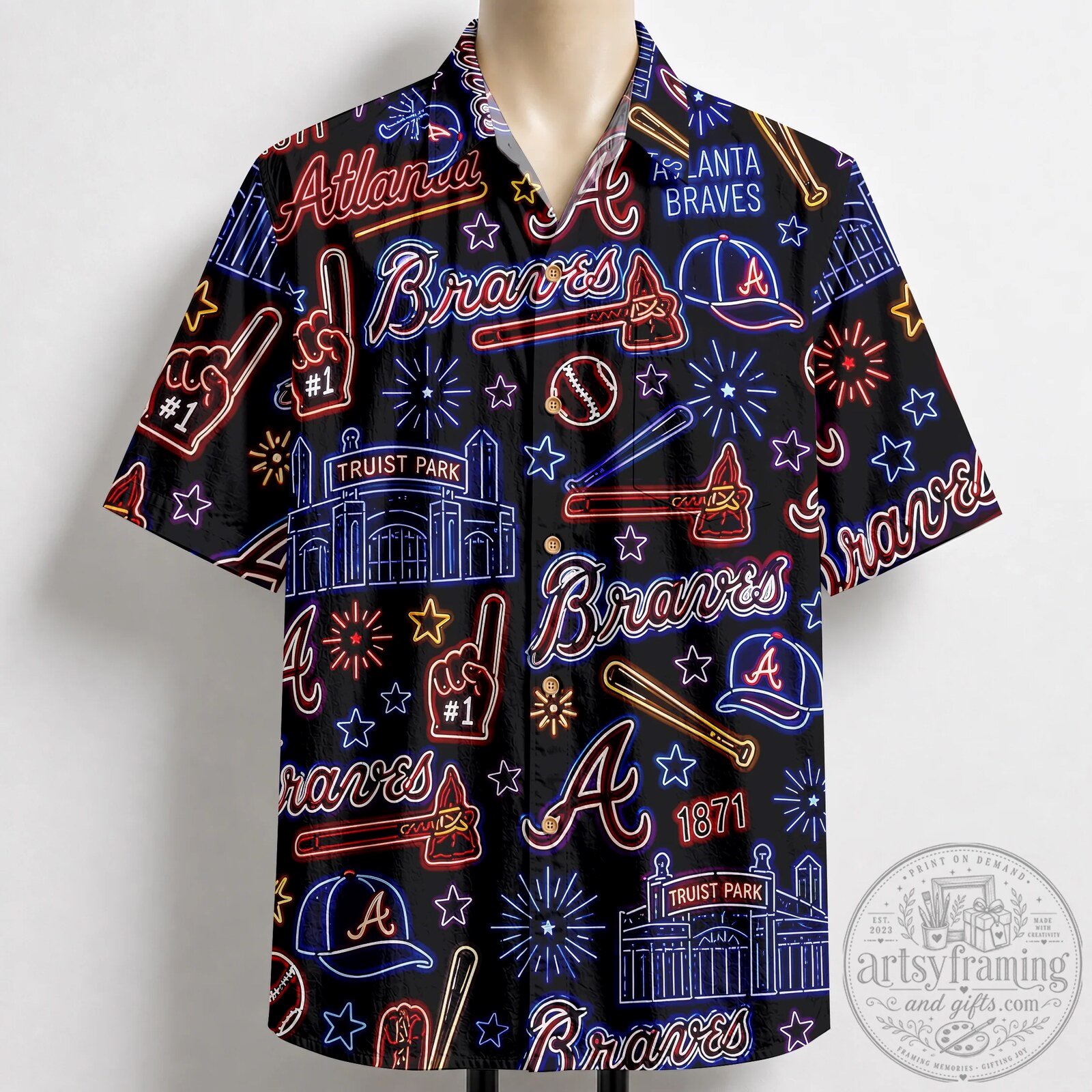 Atlanta Braves Neon Pattern Vibe Summer Party Button Up Hawaiian Shirt