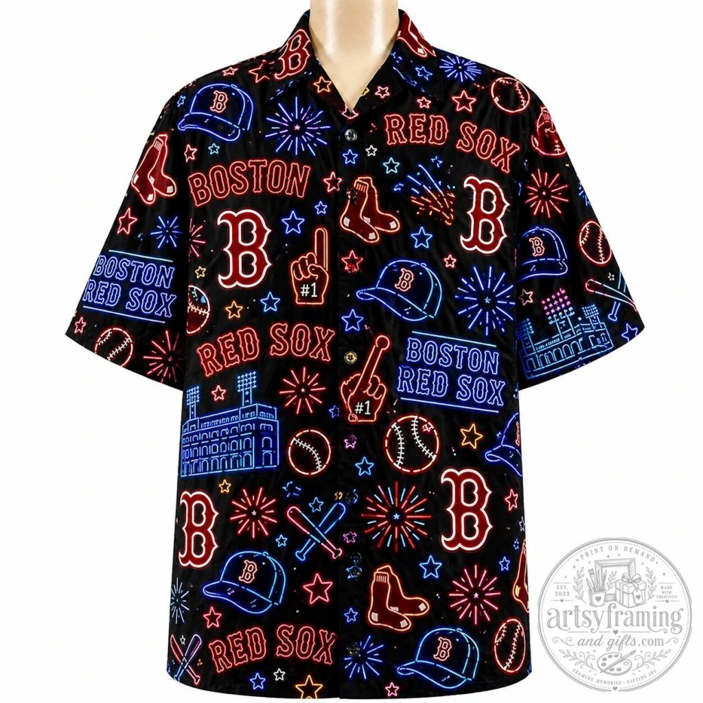 Boston Red Sox Neon Pattern Summer Party Button Up Unisex Hawaiian Shirt Boston Red Sox Neon Pattern Summer Party Button Up Unisex Hawaiian Shirt
