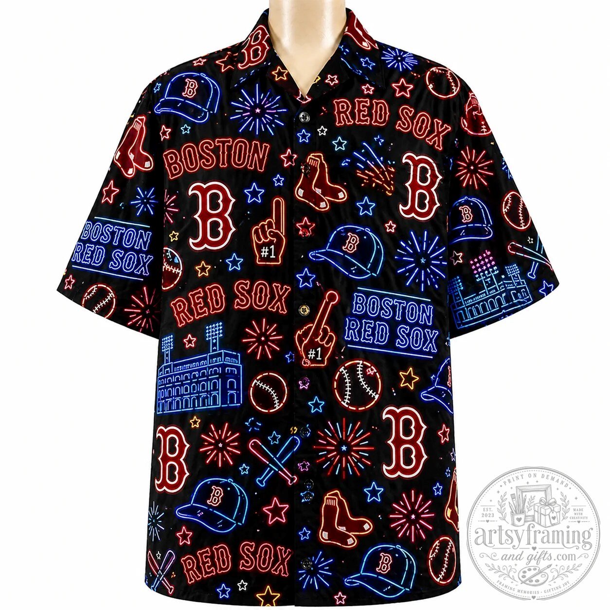 Boston Red Sox Neon Pattern Summer Party Button Up Unisex Hawaiian Shirt