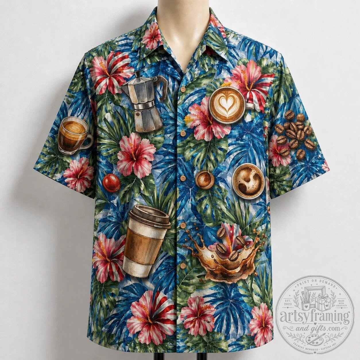 Coffee Lover Tropical Hibiscus Floral Pattern Hawaiian Shirt for Men and Women