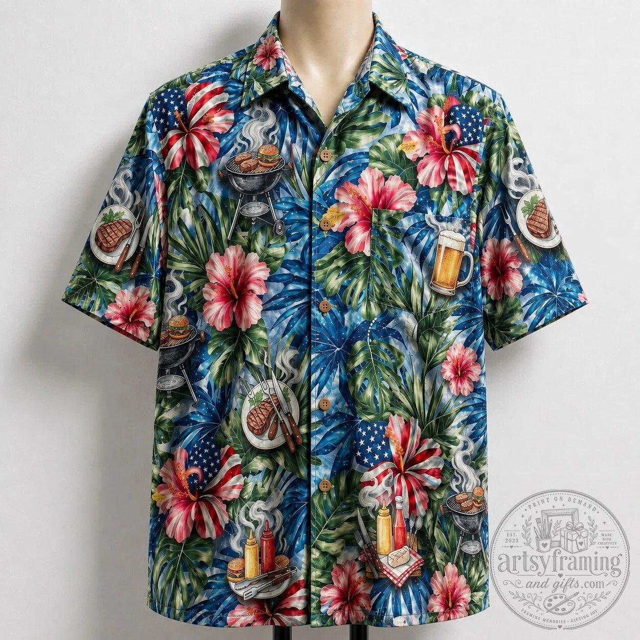 Fourth of July Barbecue Hibiscus Tropical Hawaiian Shirt for Men and Women