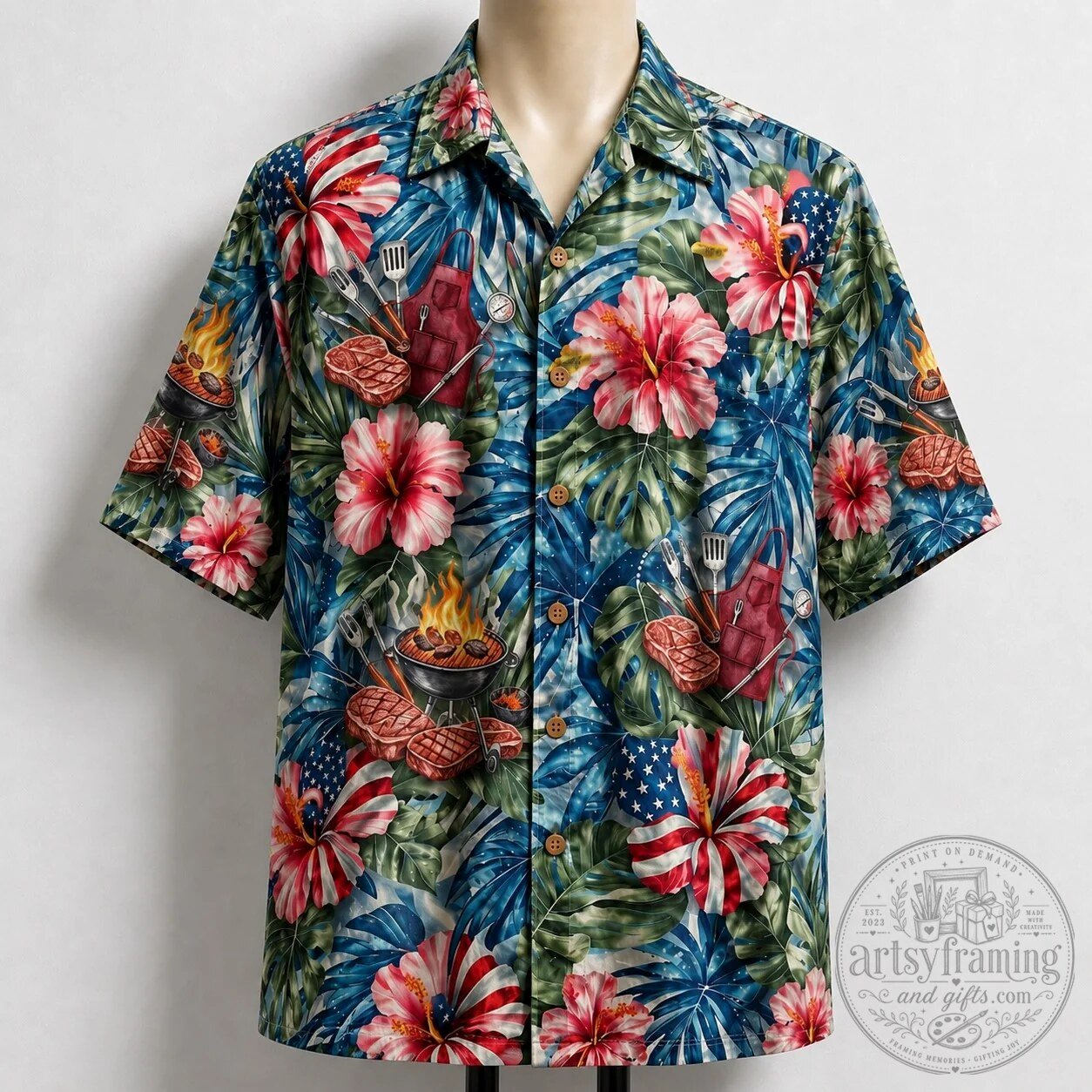 American Flag Hibiscus Barbecue Grill Master Hawaiian Shirt