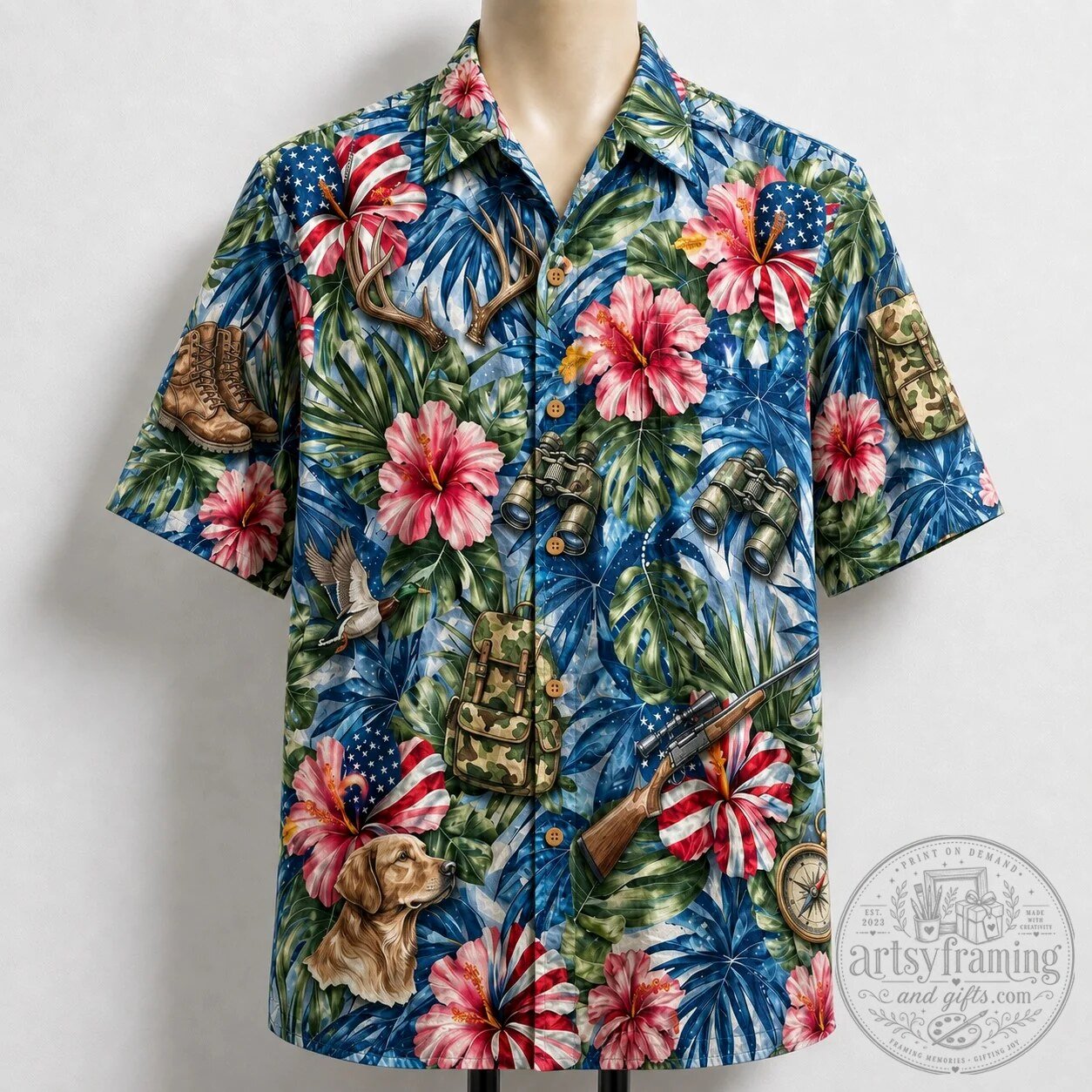 American Flag Hibiscus Hunting Gear Pattern Hawaiian Shirt