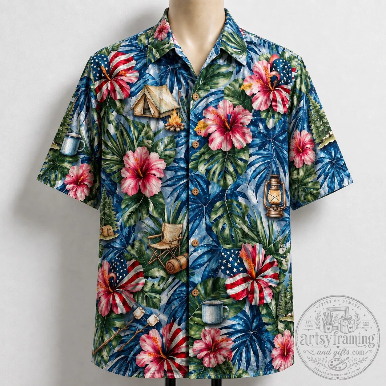 American Flag Hibiscus Camping Pattern Hawaiian Shirt for Men and Women