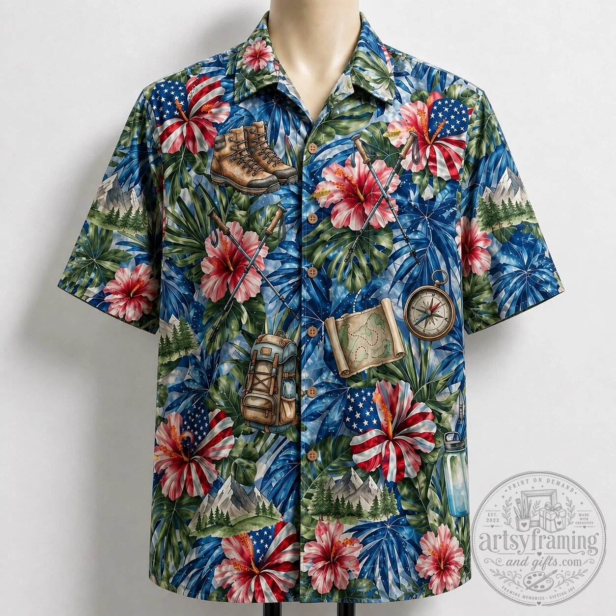 American Flag Hibiscus Hiking Boots Compass Map Hawaiian Shirt
