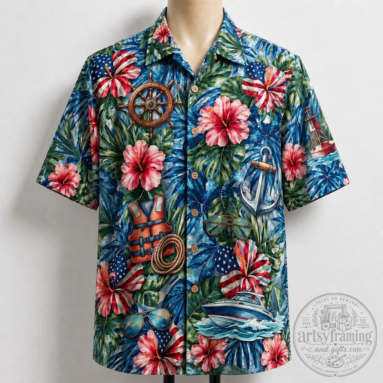 Nautical American Flag Hibiscus Boating Hawaiian Shirt for Men and Women