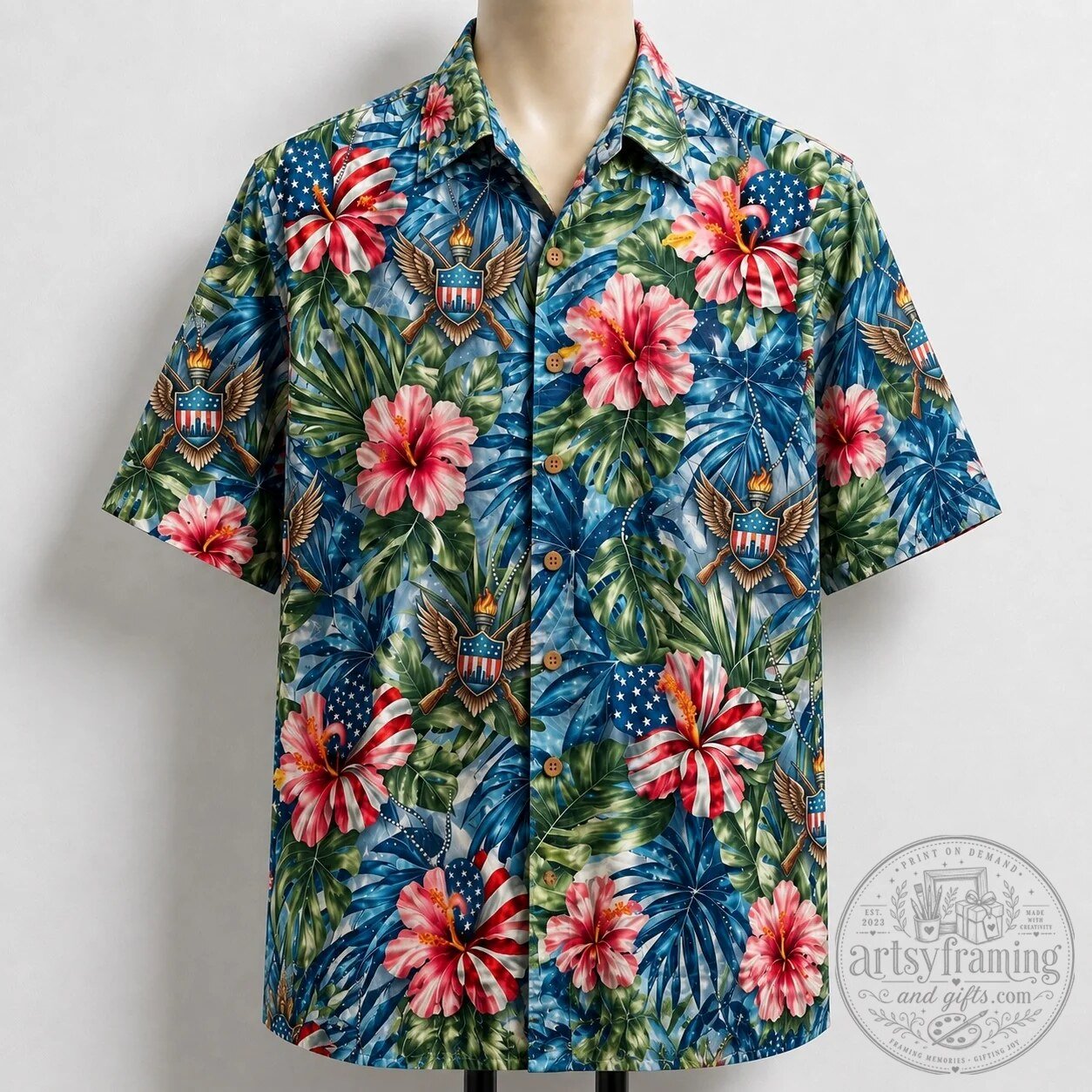 National Guard Veteran American Flag Hibiscus Tropical Hawaiian Shirt