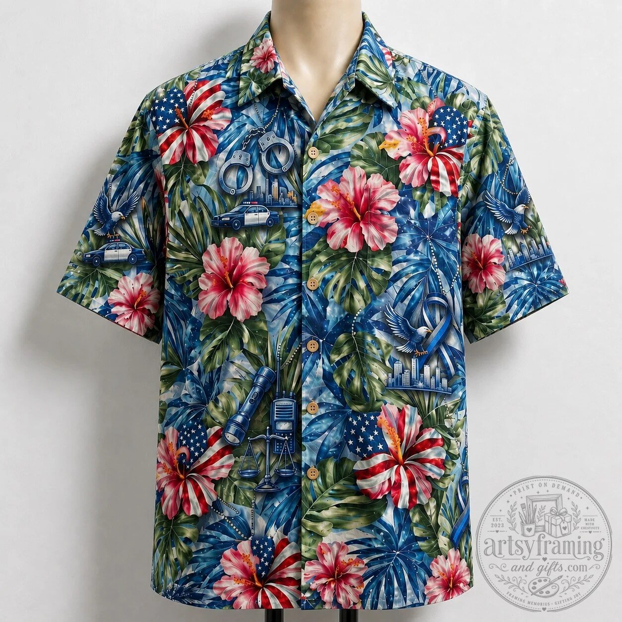 Police Officer American Flag Hibiscus Tropical Hawaiian Shirt for Men and Women
