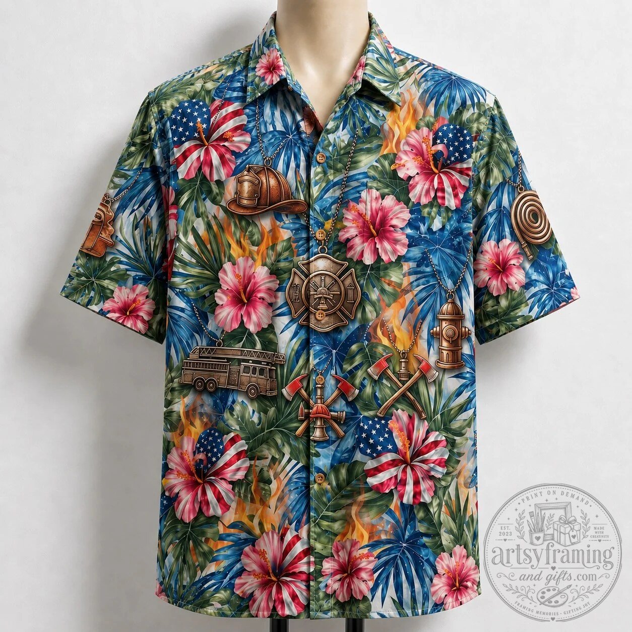 Firefighter Veteran American Flag Hibiscus Tropical Hawaiian Shirt