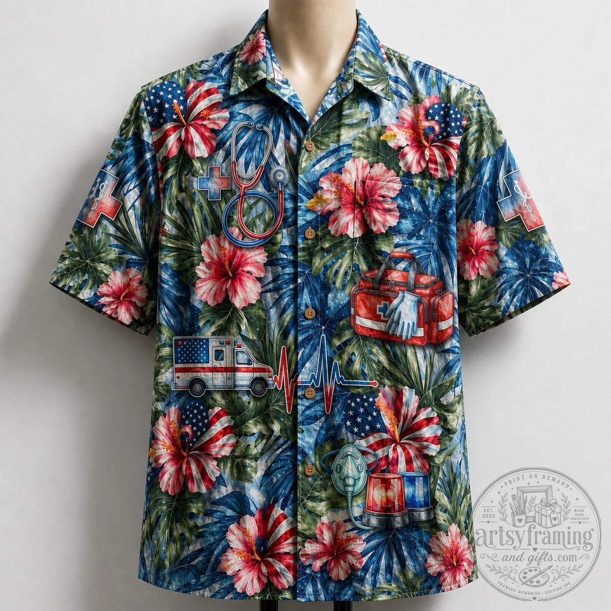 Emergency Medical Technician First Responder Hibiscus American Flag Hawaiian Shirt