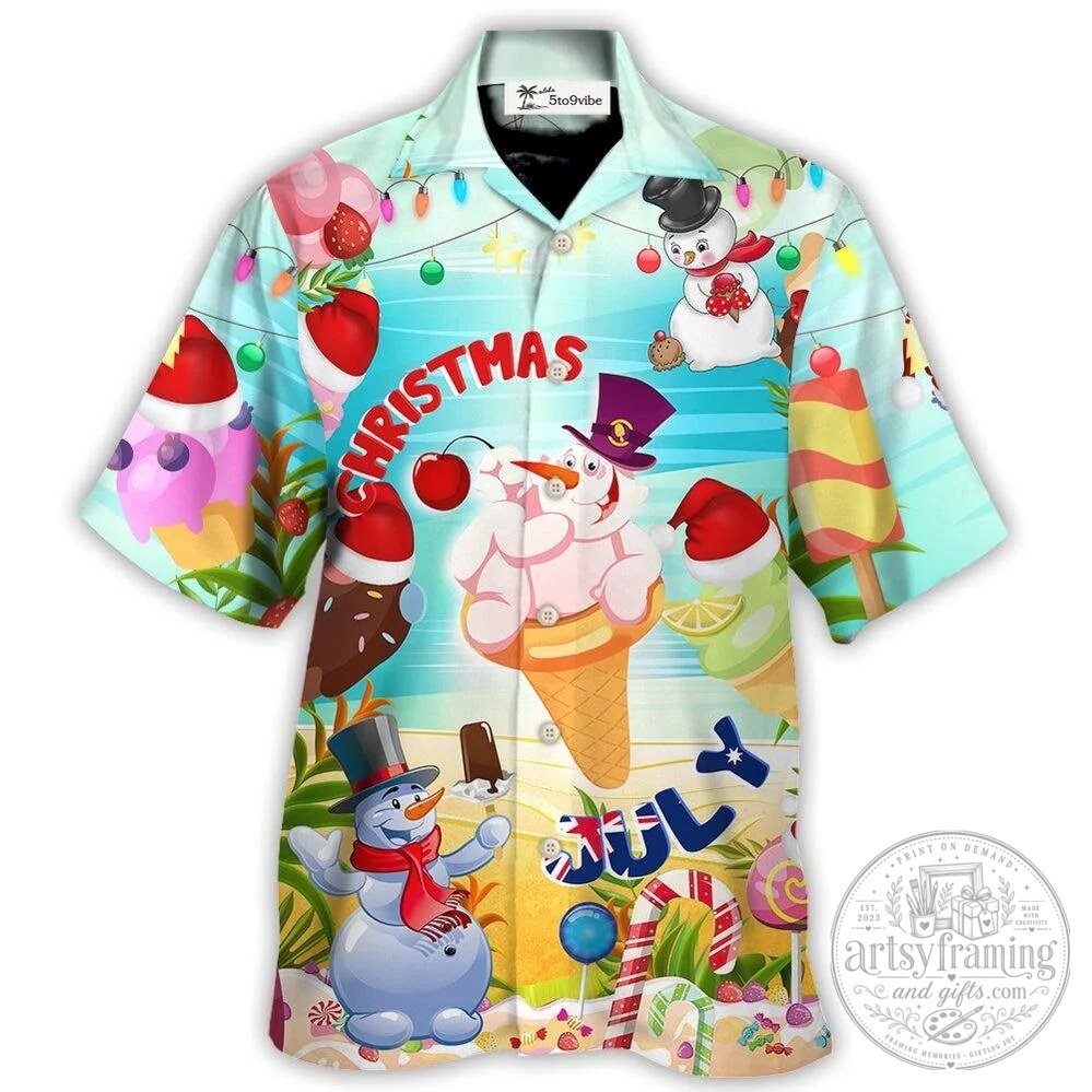 Funny Hawaiian Shirt with Snowman Ice Cream for Christmas in July Summer Celebration